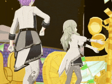 a man and a woman are standing next to each other in a video game