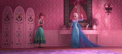 anna and elsa standing in a room with pink walls