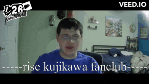 a man in a blue shirt with the words rise kujikawa fanclub on the bottom