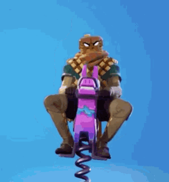 a man is riding on the back of a purple toy horse .