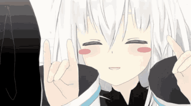 a drawing of a girl with white hair making a peace sign