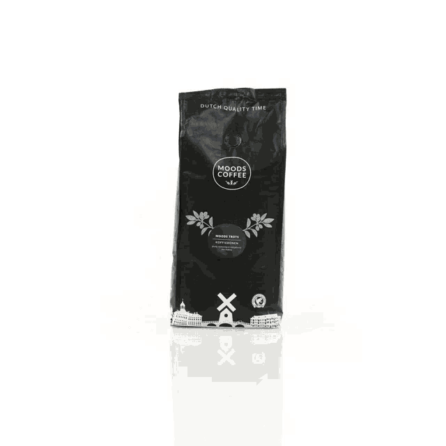 a bag of dutch quality time moods coffee on a white background