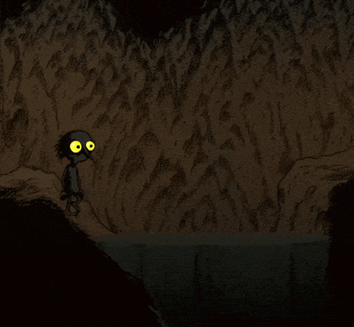 a drawing of a frog with yellow eyes looking out of a hole in the ground