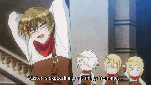a cartoon character says " master is expecting great things from me " in front of three other characters