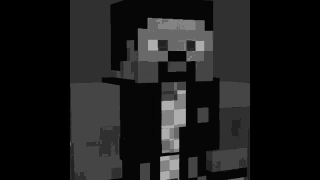a black and white photo of a minecraft character in a tuxedo .