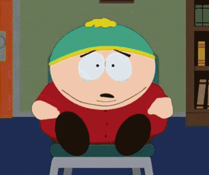 a cartoon character from south park is sitting in a chair with his legs crossed