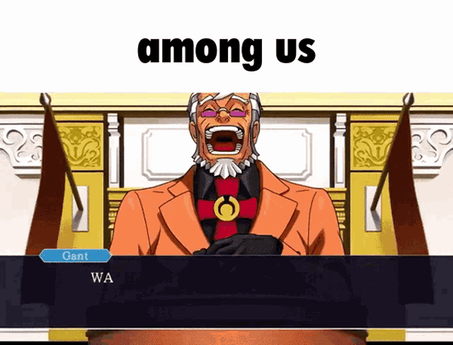 a cartoon of a man screaming with the words among us written above him