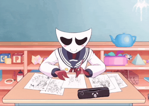a cartoon character is sitting at a desk with a pencil in her hand