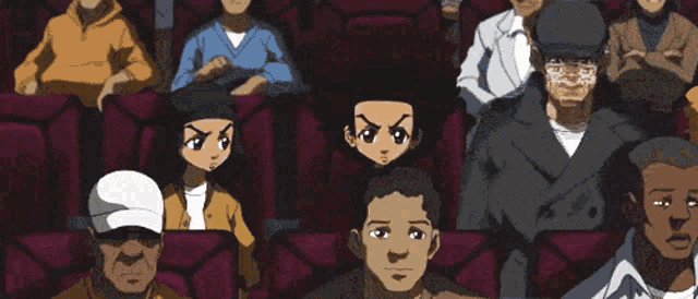 a group of cartoon characters are sitting in a theatre