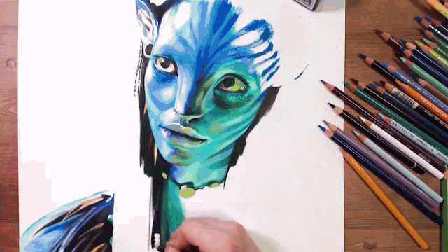 a drawing of a woman 's face with prismacolor colored pencils in the background