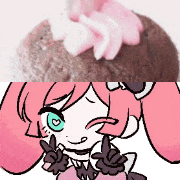 a picture of a cupcake with pink frosting and a picture of a girl with pink hair