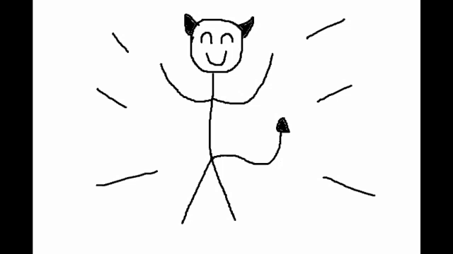a stick figure drawing of a devil with horns and tail