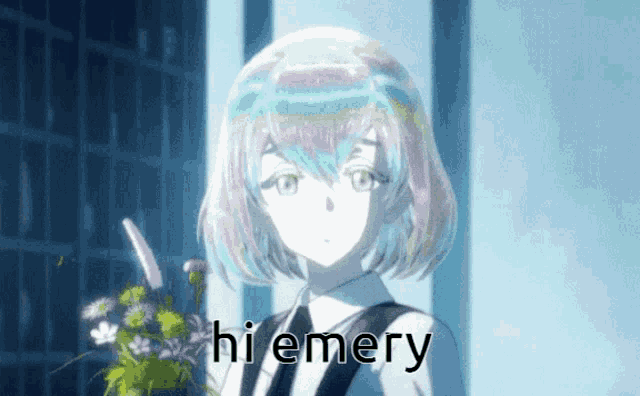 a girl is holding a bouquet of flowers and the word hi emery is on the bottom