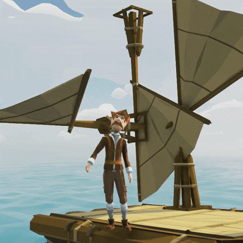 a cartoon character is standing on a raft in the water