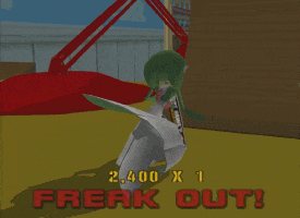 a video game screen shows a green and white cartoon character with the words freak out on the bottom