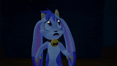 a cartoon character with a bell around its neck is standing next to a cartoon character with glowing eyes