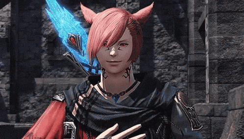 a man with red hair and horns is holding a blue sword in his hand .