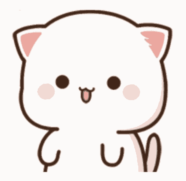 a cartoon of a white cat with a pink ear and a heart in its mouth .
