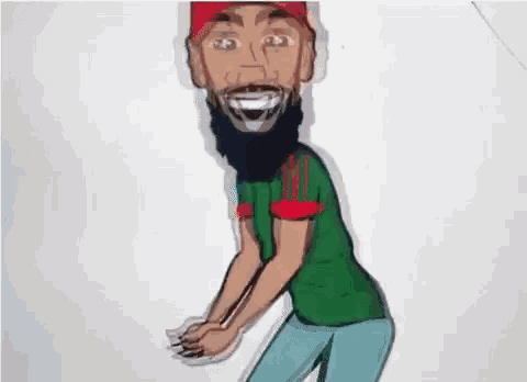 a cartoon of a man with a beard wearing a green shirt and a red hat .