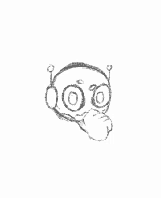 a black and white drawing of a cartoon character with a hand on its chin .