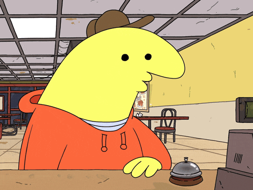 a yellow cartoon character wearing an orange hoodie and a brown hat