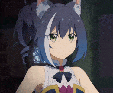 a girl with blue hair and cat ears is wearing a bow tie
