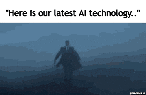 a man in a suit and tie is walking in the fog with the words " here is our latest al technology "