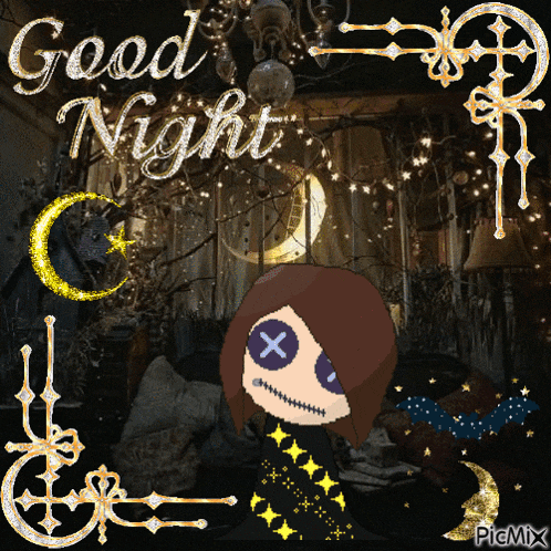 a picture of a voodoo doll with the words " good night " on it
