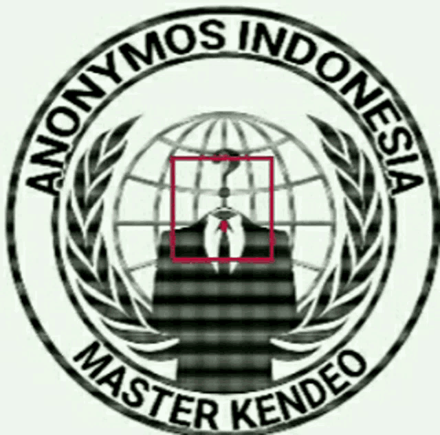 a logo for anonimos indonesia master kendeo with a man in a suit and tie