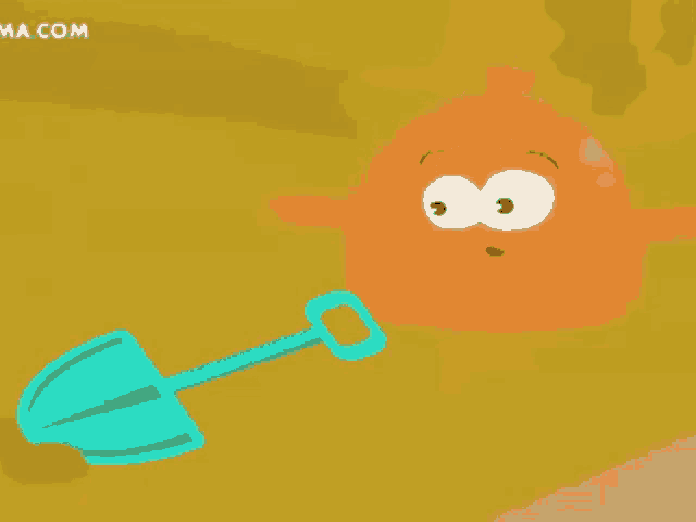 a cartoon character is holding a blue shovel with the website ma.com in the background