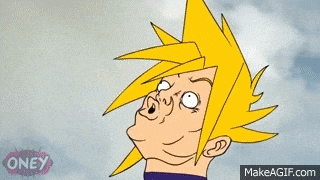 a cartoon of a man with a yellow hair pointing his finger up