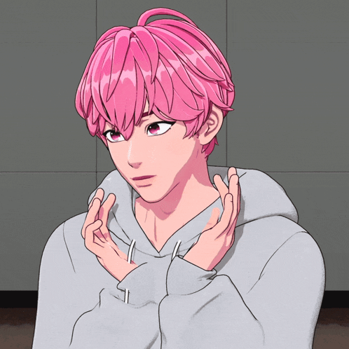 a drawing of a boy with pink hair and a grey hoodie