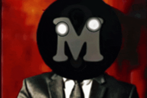 a man in a suit and tie has a letter m on his face