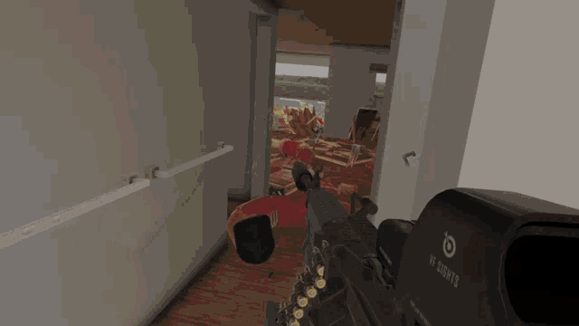 a person holding a gun with the word sights on the back