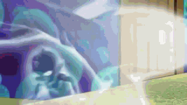 a blurry picture of a person 's face and a purple background