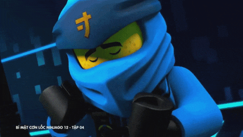 a lego ninjago character with a blue scarf around his face