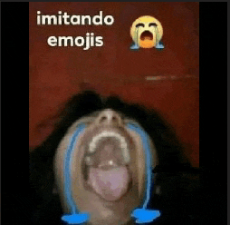 a woman is crying with tears coming out of her eyes and the words imitando emojis above her