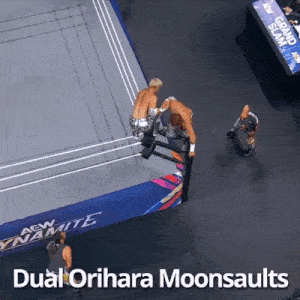 two wrestlers in a ring with the words dual orihara moonsaults