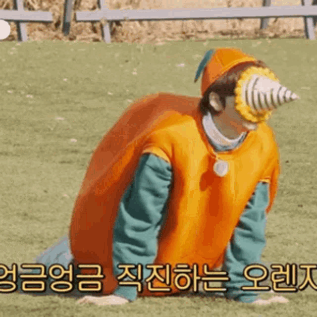 a man in an orange costume with a cone on his head is kneeling on the grass .