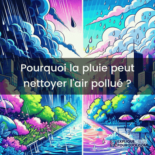 a colorful illustration with the words pourquoi la pluie peut nettoyer l' air pollue on it