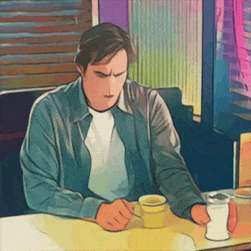 a man sitting at a table with a cup of coffee and a can of soda