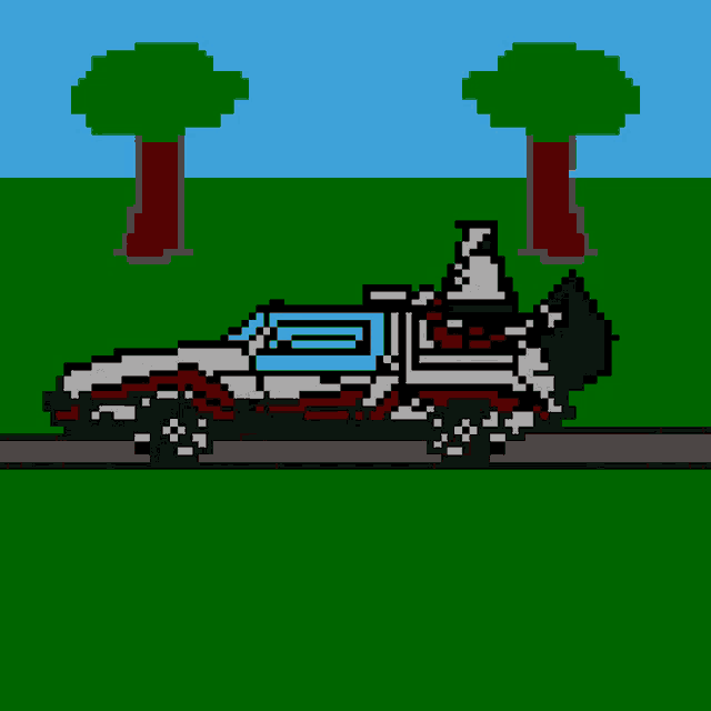 a pixel art of a car driving down a road with trees in the background