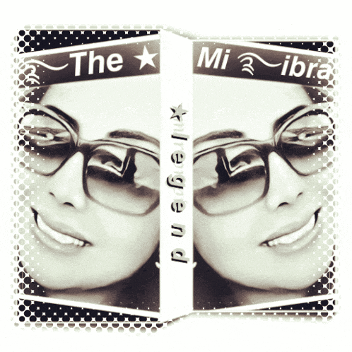 a black and white photo of a woman wearing glasses and the words " the mi ibra " on the bottom