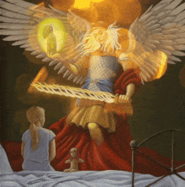 a painting of a man with wings holding a sword while a girl looks on