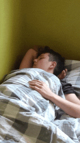 a young man sleeping in a bed with a plaid blanket