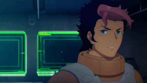 a man with pink hair and blue eyes looks shocked