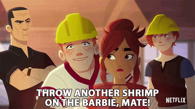 a group of cartoon characters with the words throw another shrimp on the barbie mate below them