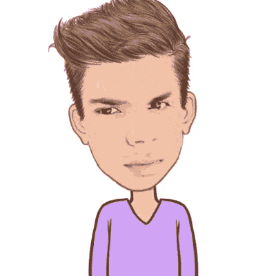 a cartoon of a young man with a purple shirt on