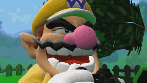 a cartoon character with a yellow hat and a purple w on his hat
