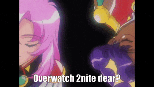 a pink haired anime character says overwatch 2nite dear in a dark room